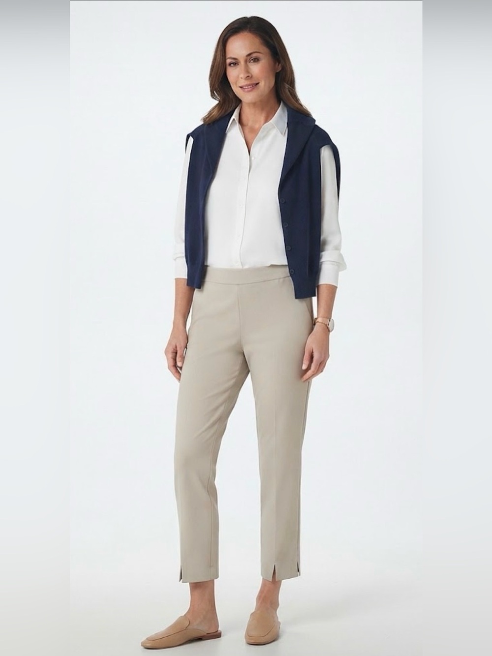 NWT Alfred Sung Khaki Pull-On Cropped Pants Size 10 Stretch Slit Hem
